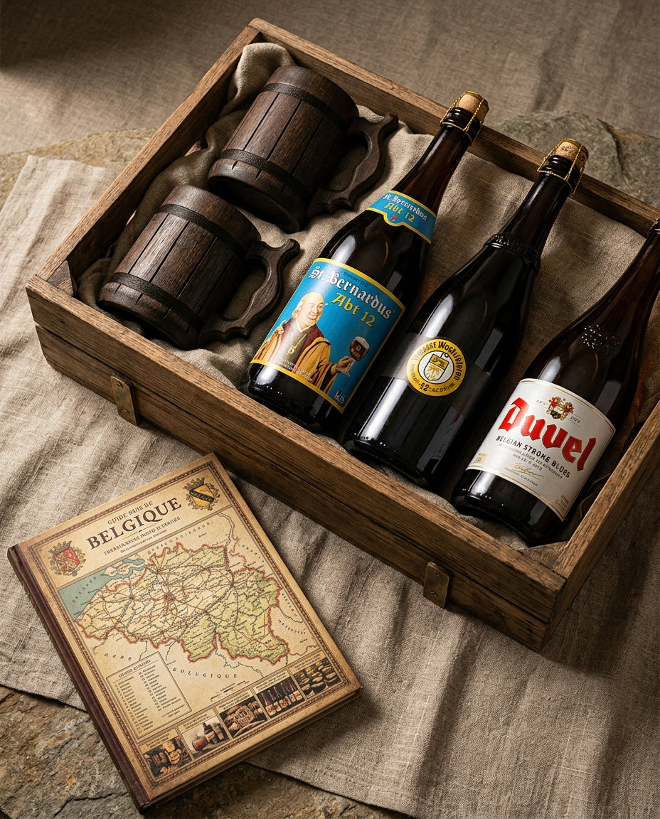 Trois bières belges & deux chopes de bois