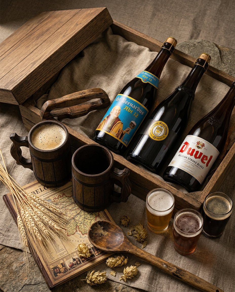 Trois bières belges & deux chopes de bois
