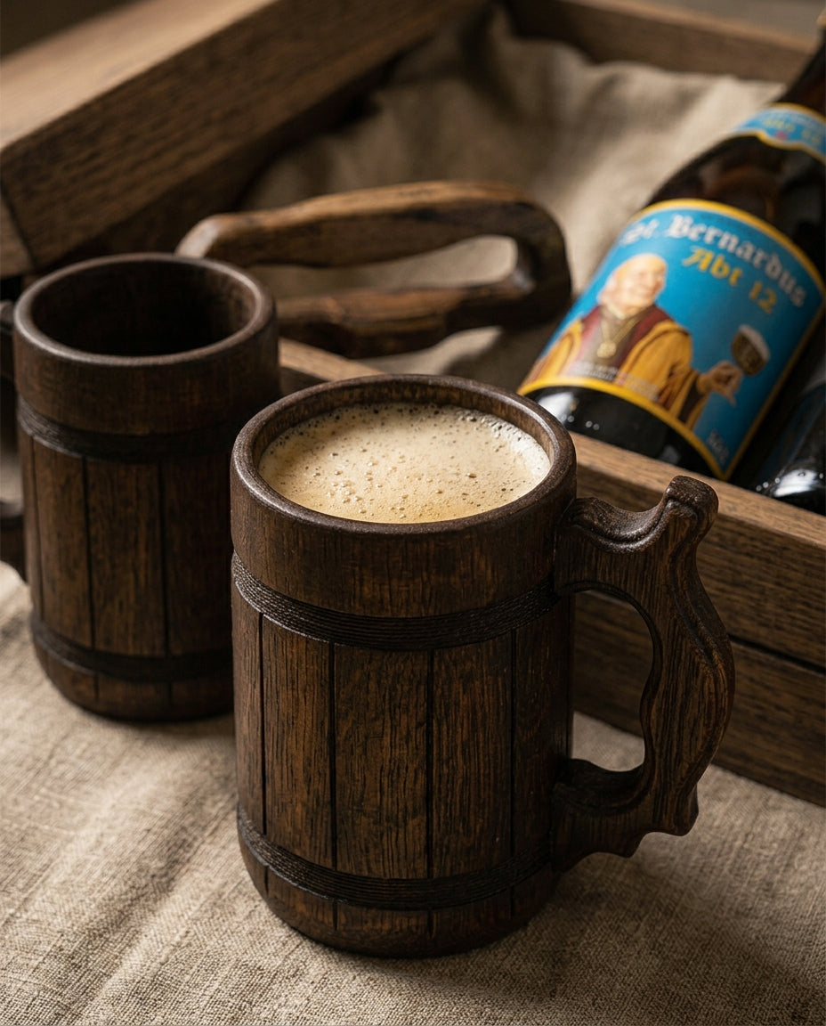 Trois bières belges & deux chopes de bois